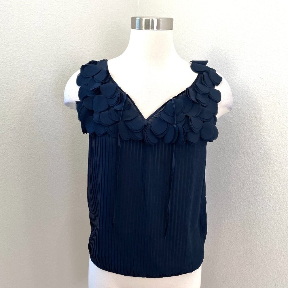 Leifnotes‎ Anthropologie Womens 0 Petals Tie Neck Blouse Top Navy Sleeveless